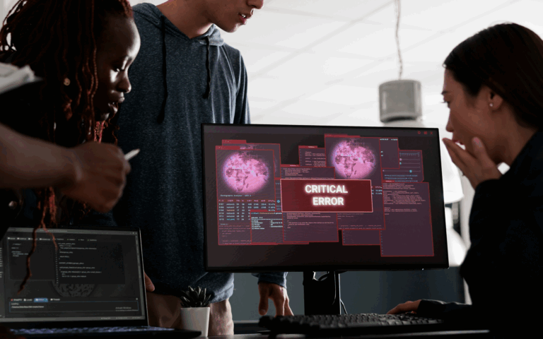 Employee spotting a phishing scam email on a work desktop during cybersecurity training