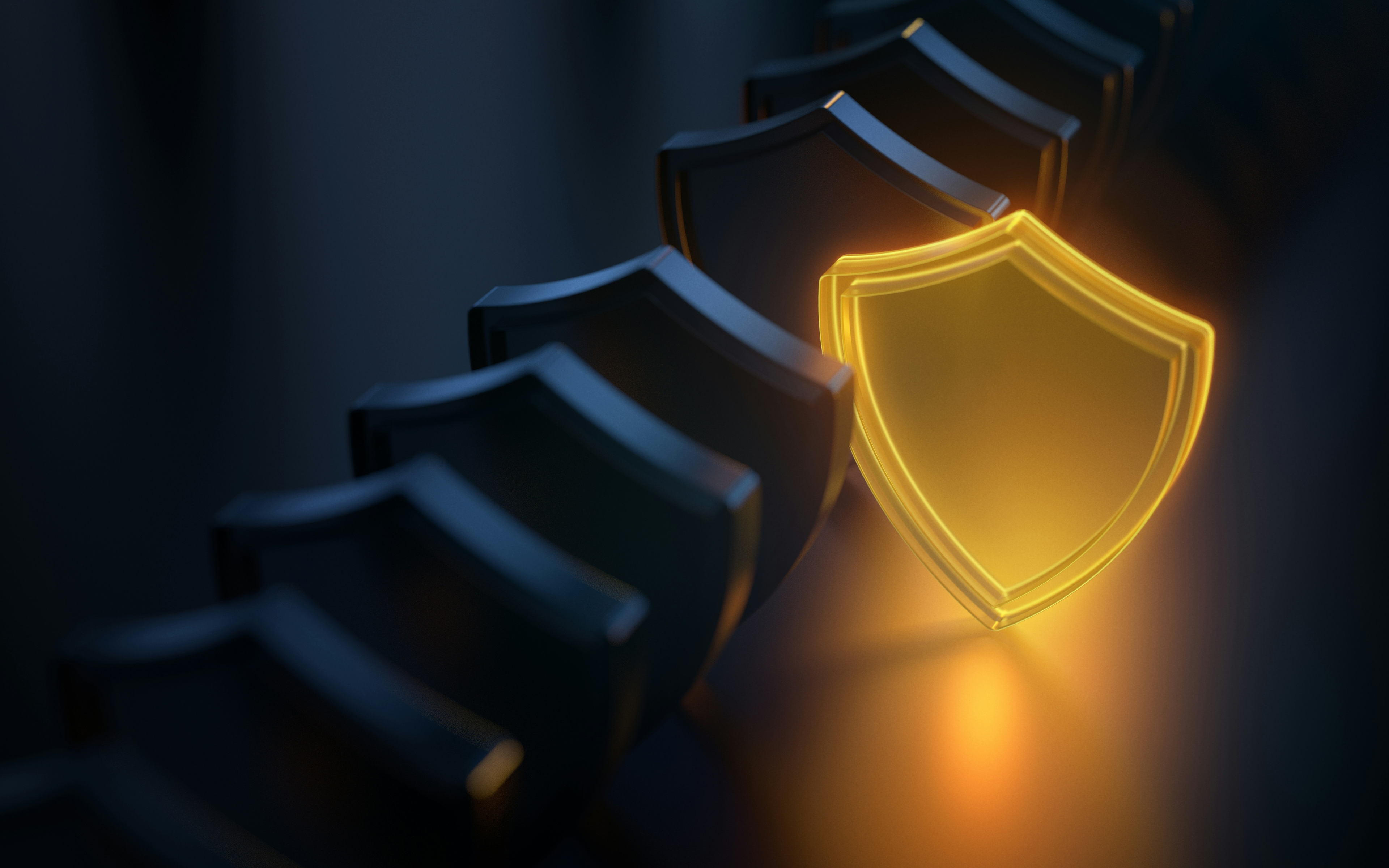 Line of black shields with a golden shield in the center symbolizing secure Microsoft 365 access and VPN protection